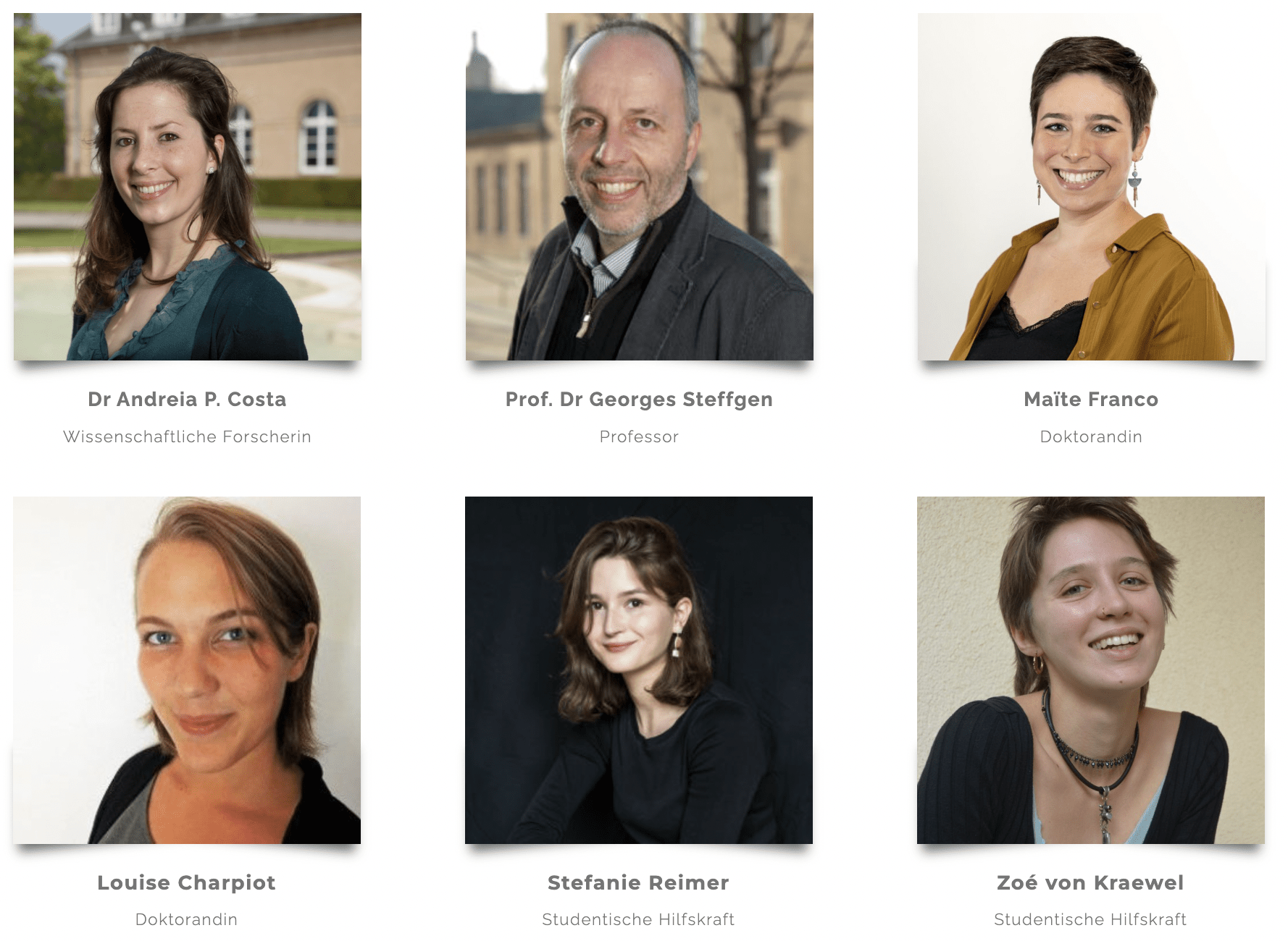 Dr Andreia P. Costa: Scientific Researcher Prof. Dr Georges Steffgen: Professor Maïte Franco: PhD Candidate Louise Charpiot: PhD Candidate Stefanie Reimer: Student Assistant Zoé von Kraewell: Student Assistant