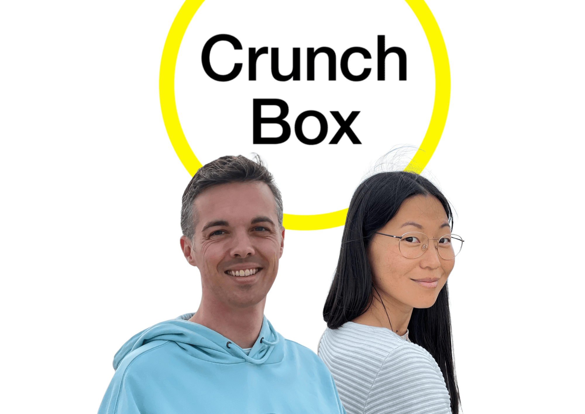 Photographic montage of Joanne Theisen and Gérard Kieffer with the Crunch Box logo behind them